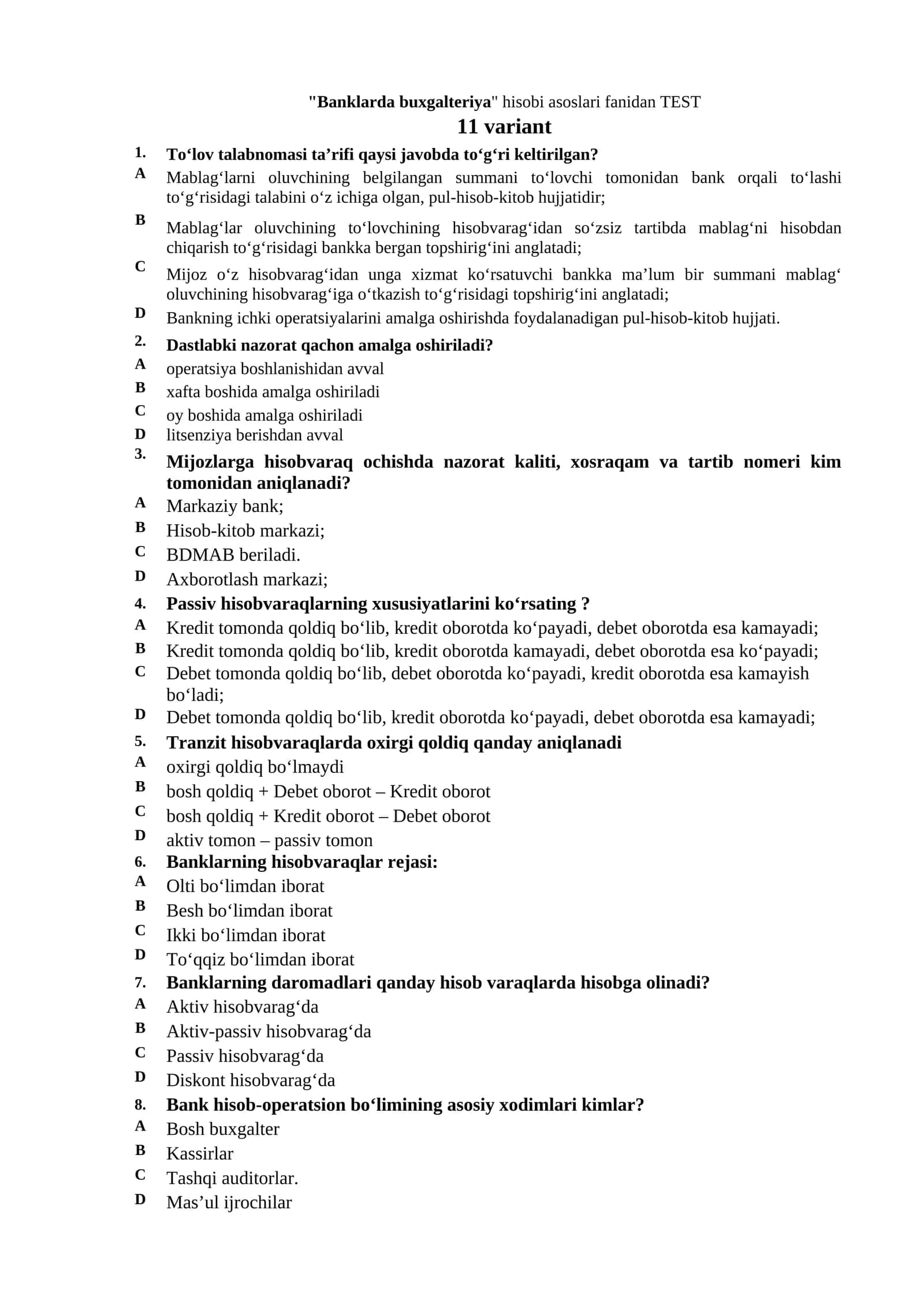 Banklarda buxgalteriya hisobi asoslari fanidan TEST 1