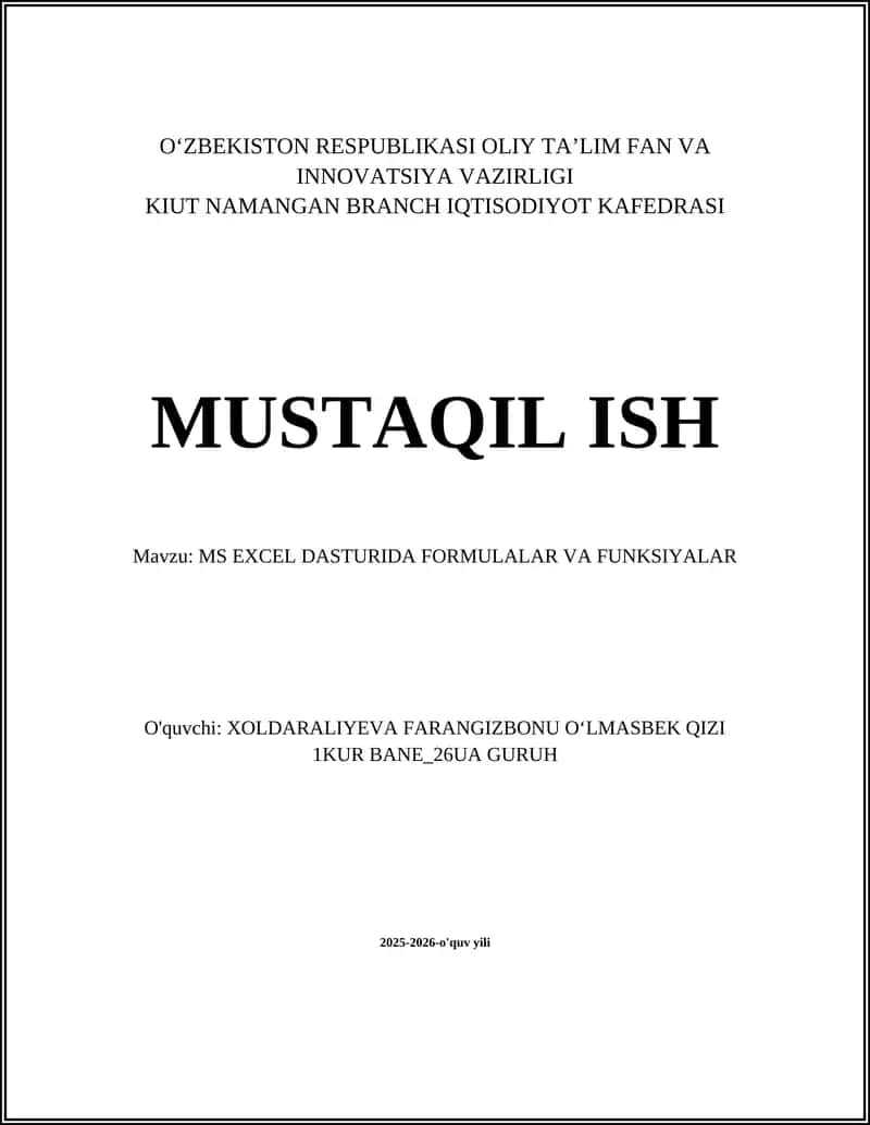 MS EXCEL DASTURIDA FORMULALAR VA FUNKSIYALAR 1