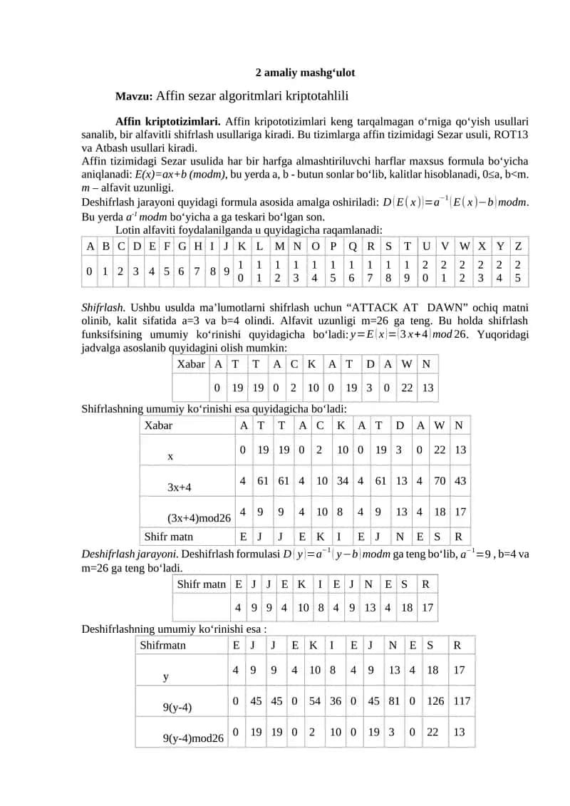 Affin Sezar algoritmlari kriptotahlili 1