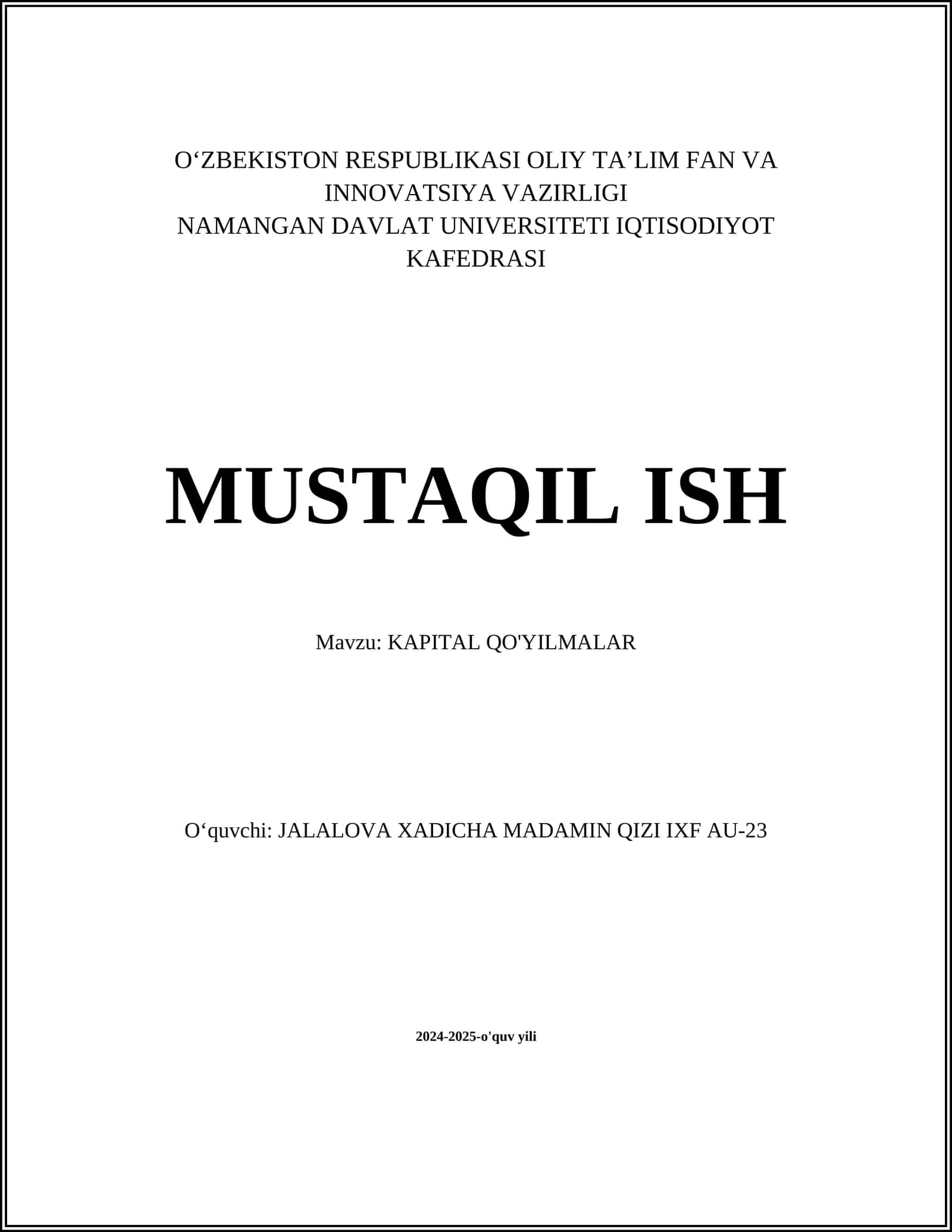 Kapital Qo'yilmalar 1