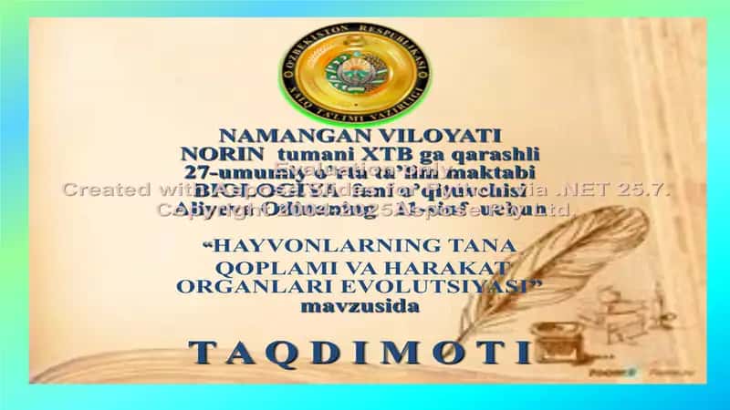 "Hayvonlarning Tana Qoplami va Harakat Organlari Evolutsiyasi" 1