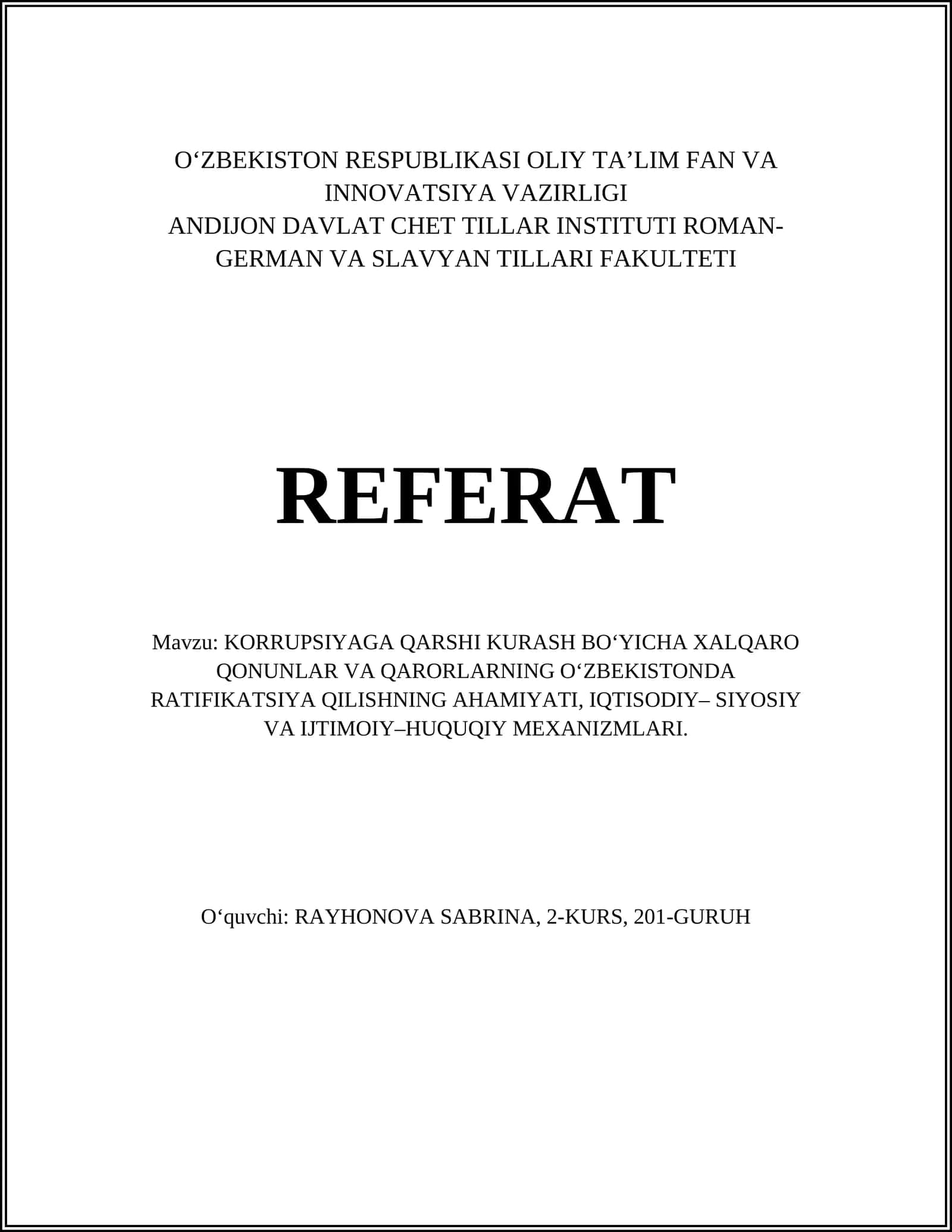 Korrupsiyaga Qarshi Kurash Bo‘yicha Xalqaro Qonunlar 1