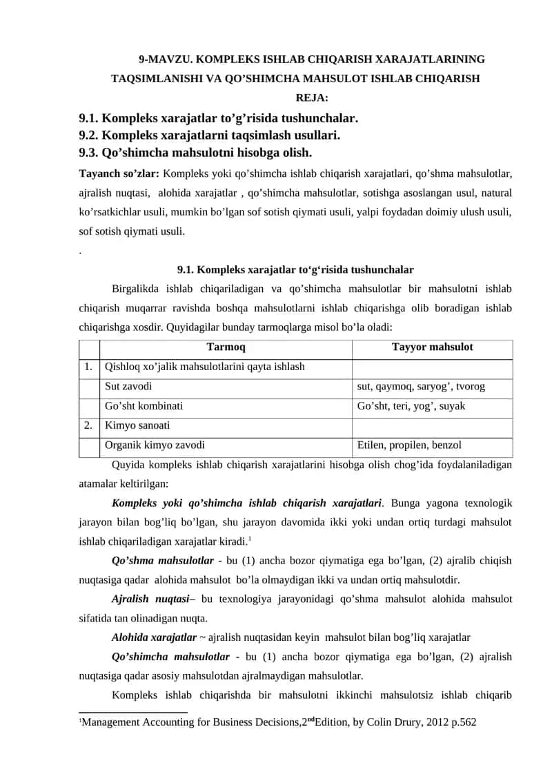 KOMPLEKS ISHLAB CHIQARISH XARAJATLARINING TAQSIMLANISHI VA QO’SHIMCHA MAHSULOT ISHLAB CHIQARISH 1