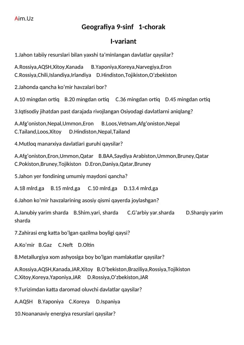 Geografiya 9-sinf 1-chorak I-variant 1