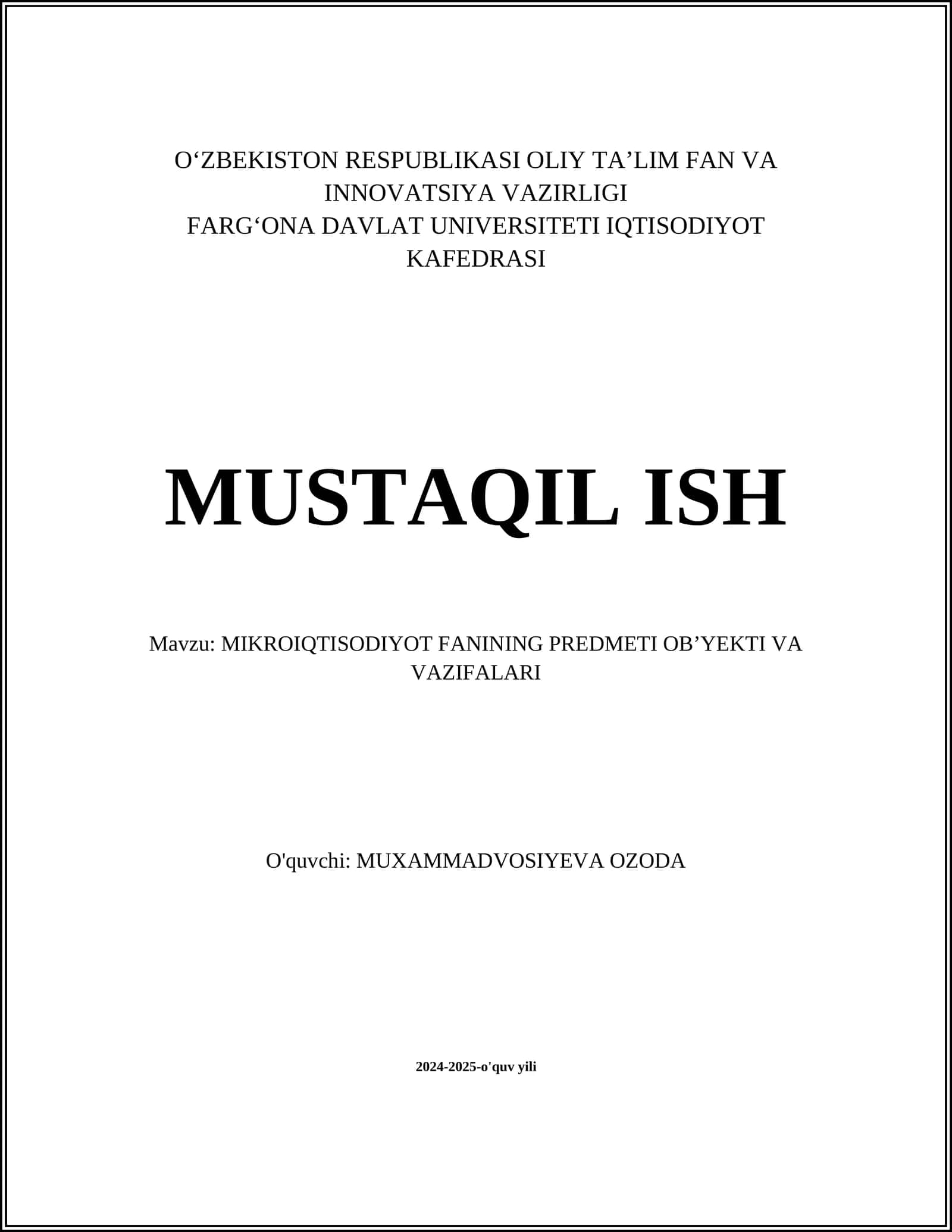 MIKROIQTISODIYOT FANINING PREDMETI OBʼYEKTI VA VAZIFALARI 1