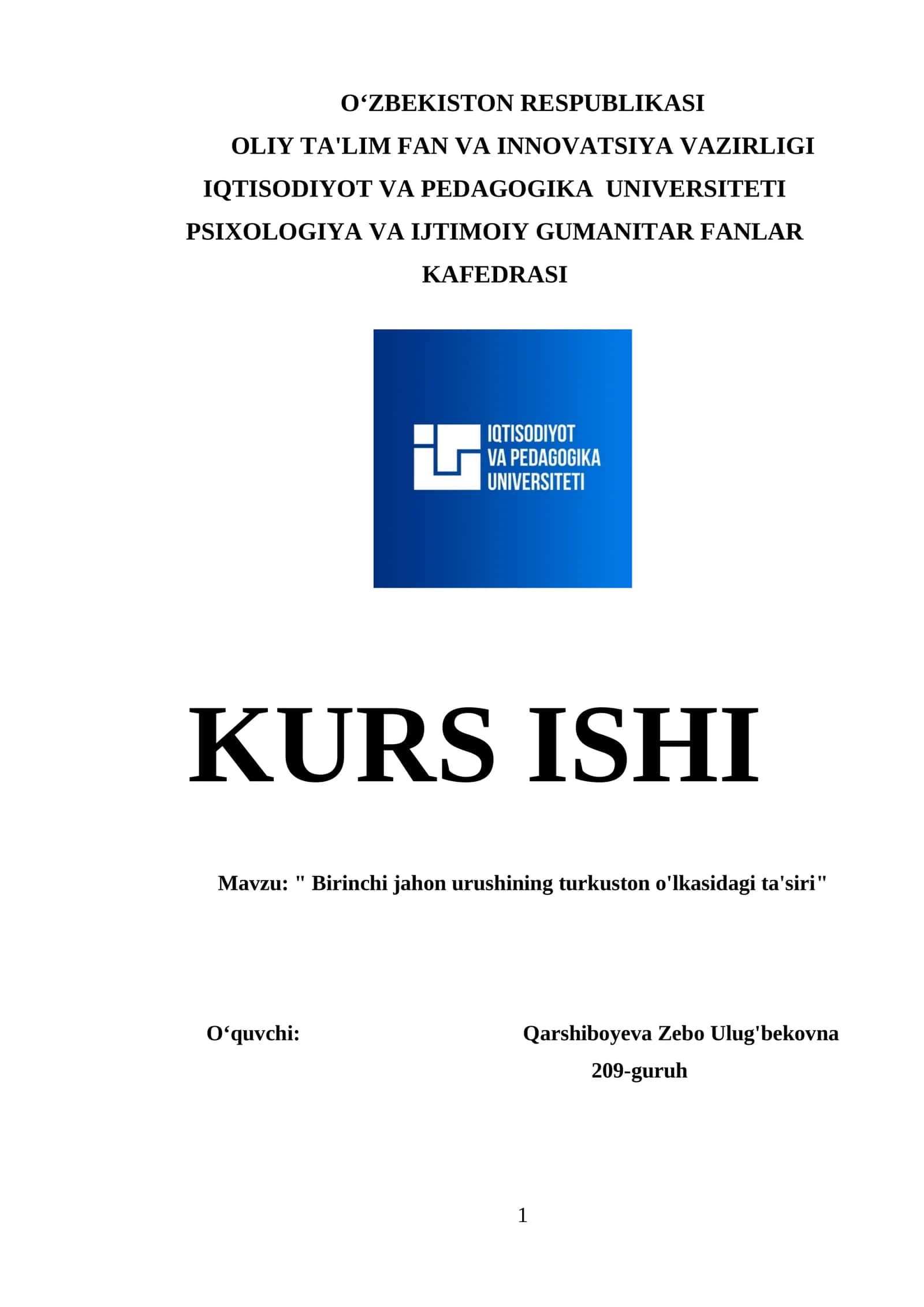 Birinchi jahon urushining turkuston o'lkasidagi ta'siri 1
