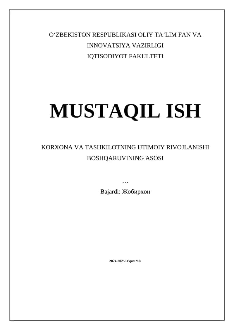 Korxona va Tashkilotning Ijtimoiy Rivojlanishi Boshqaruvini O'rganish 1