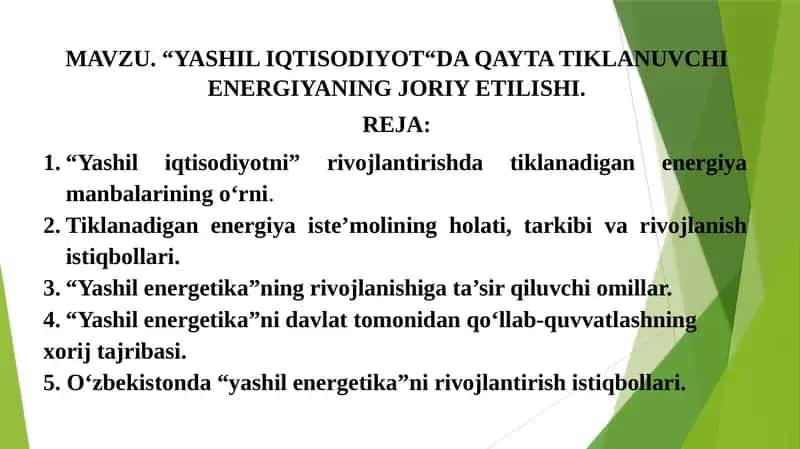 “YASHIL IQTISODIYOT“DA QAYTA TIKLANUVCHI ENERGIYANING JORIY ETILISHI. 1