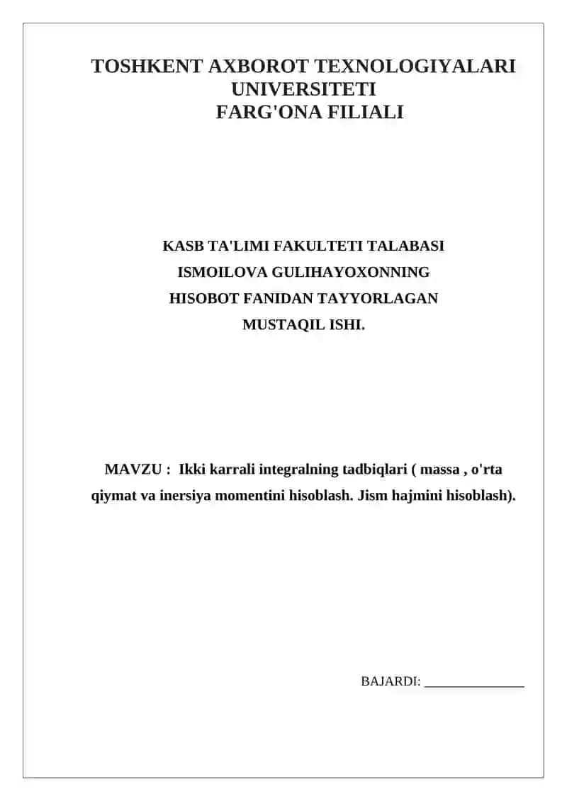 Ikki karrali integralning tadbiqlari