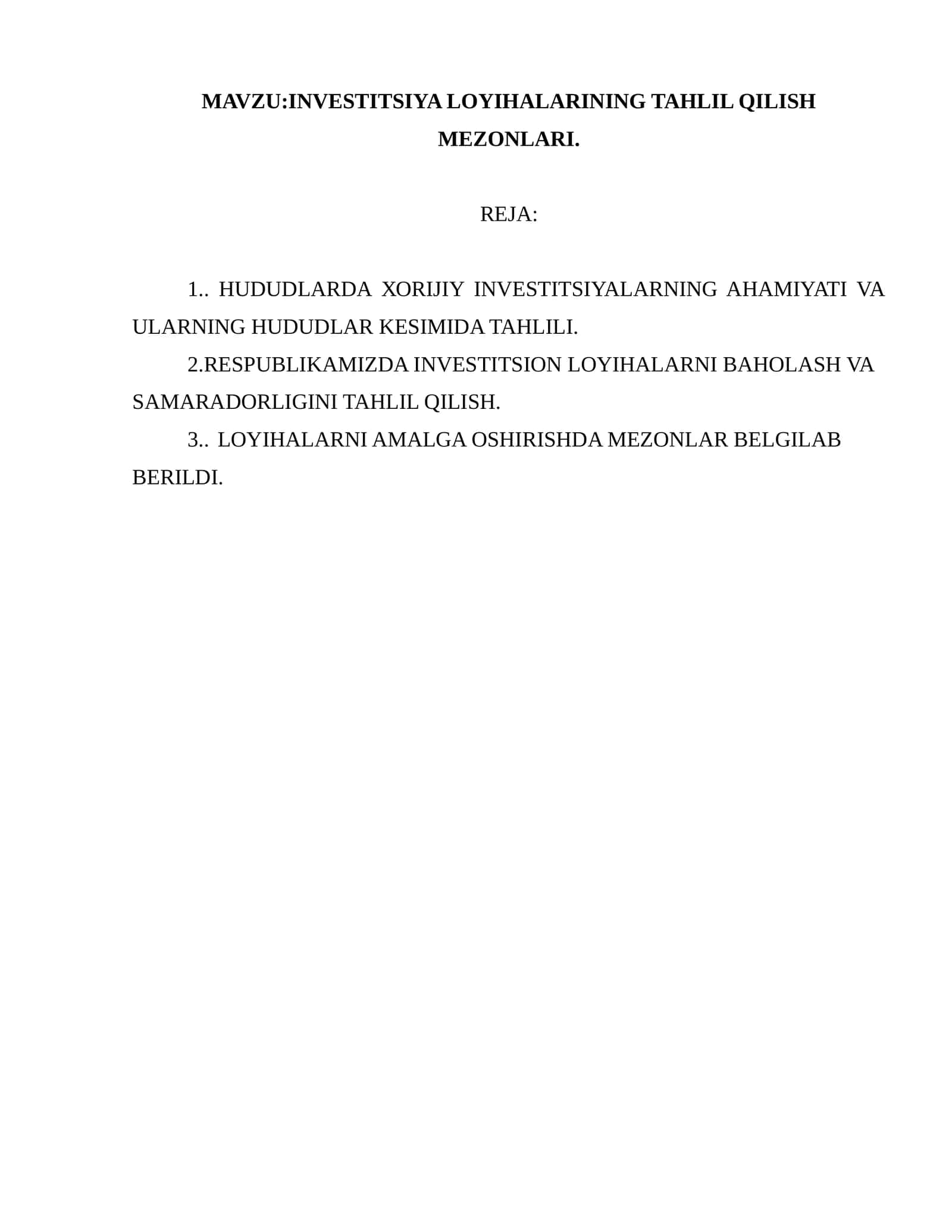 INVESTITSIYA LOYIHALARINING TAHLIL QILISH MEZONLARI 1