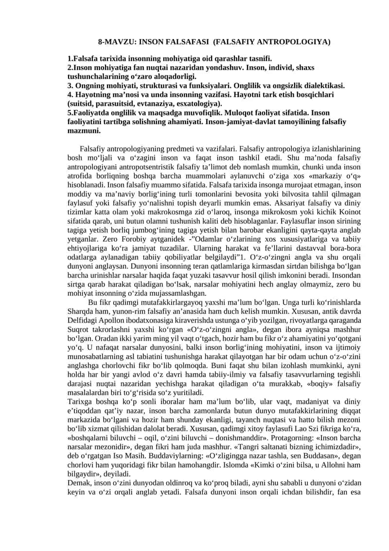 INSON FALSAFASI (FALSAFIY ANTROPOLOGIYA) 1