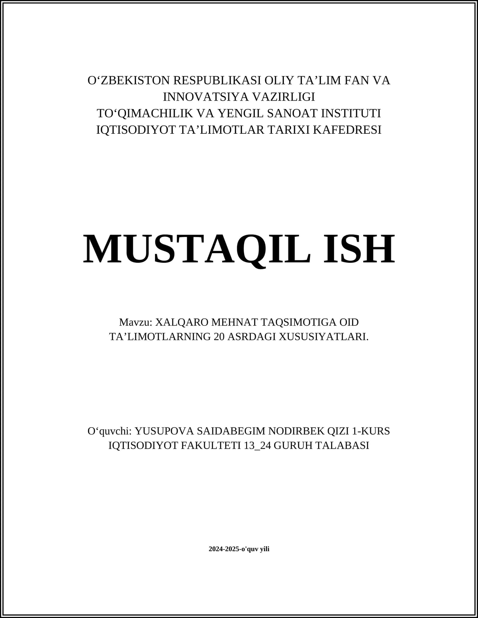 XALQARO MEHNAT TAQSIMOTIGA OID TAʼLIMOTLARNING 20 ASRDAGI XUSUSIYATLARI 1