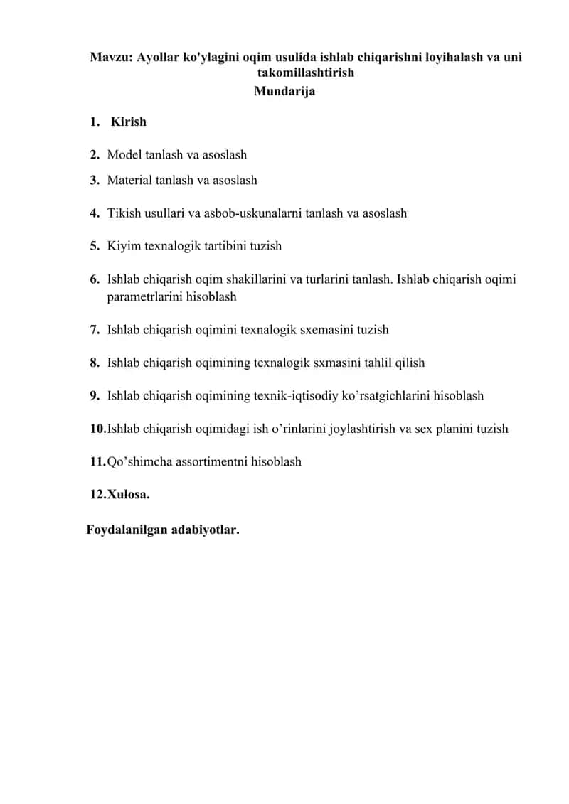 Ayollar ko'ylagini oqim usulida ishlab chiqarishni loyihalash va uni takomillashtirish 1