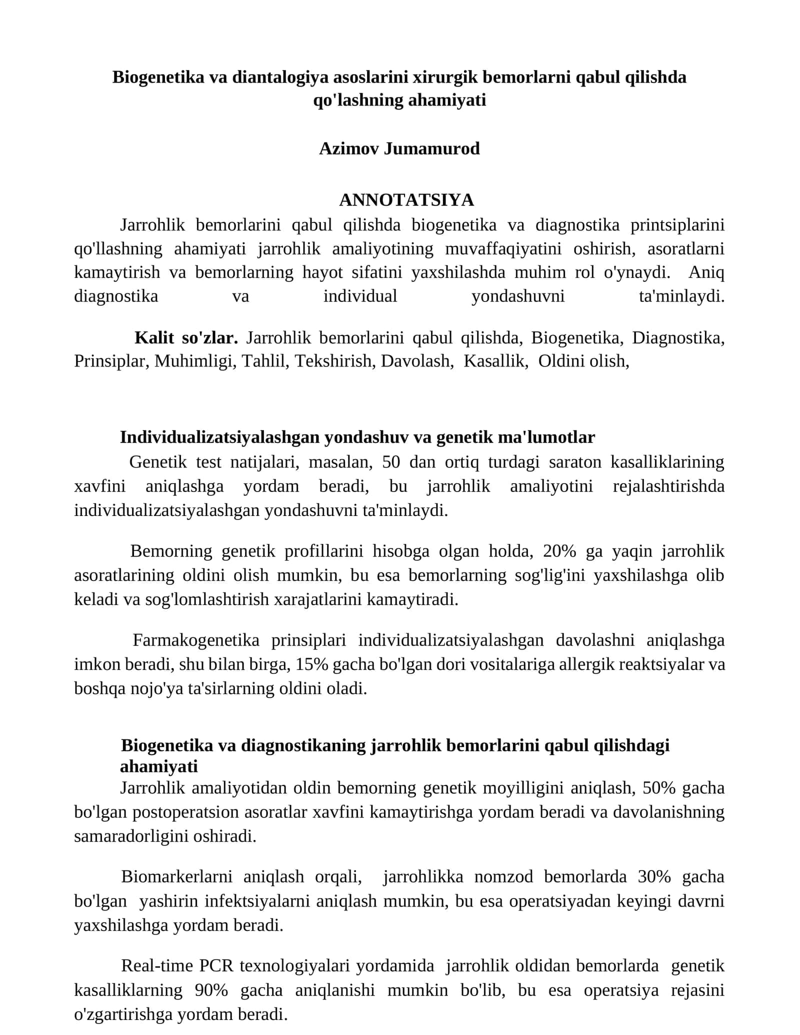 Biogenetika va diantalogiya asoslarini xirurgik bemorlarni qabul qilishda qo'lashning ahamiyati 1