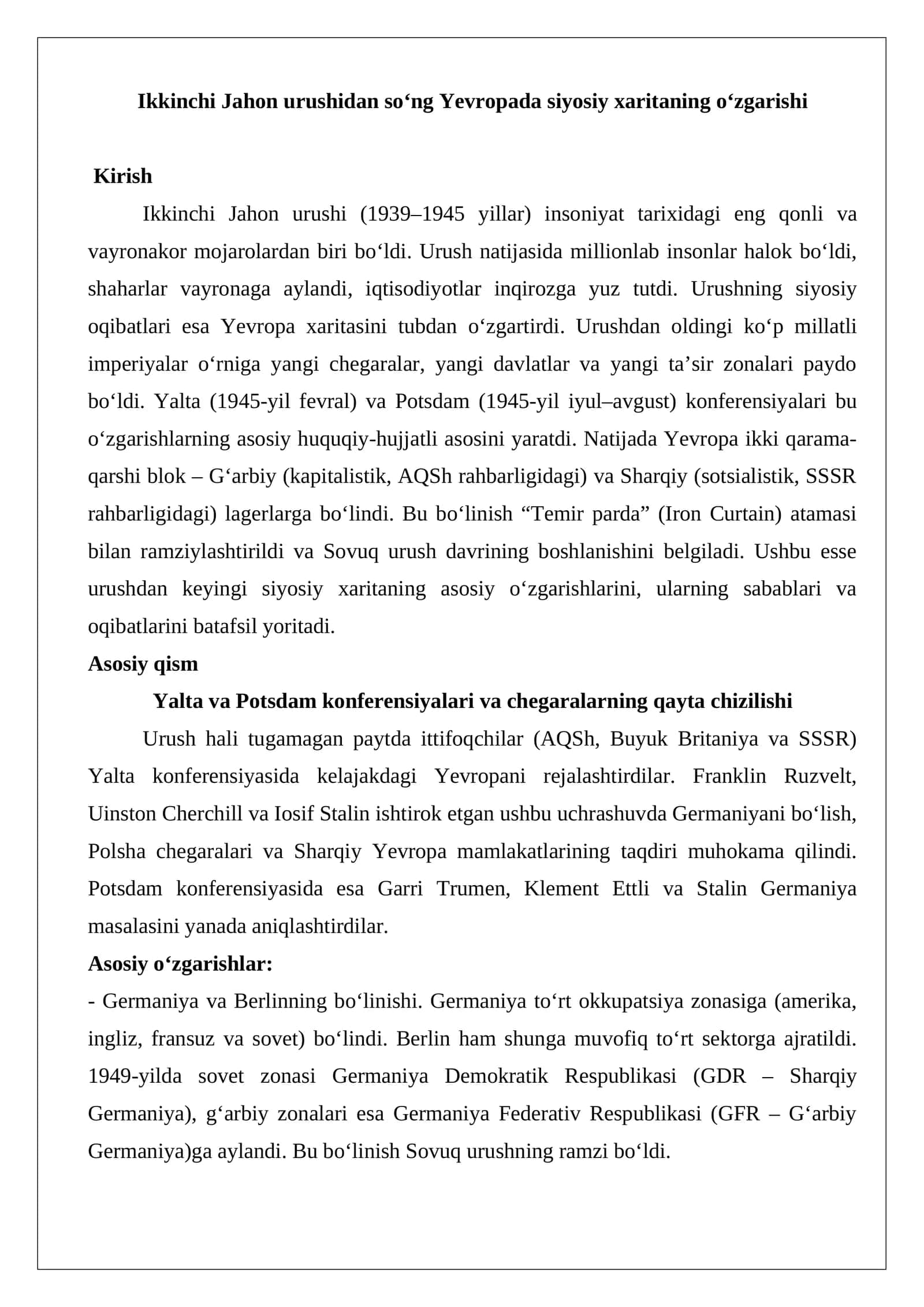 Ikkinchi Jahon urushidan so‘ng Yevropada siyosiy xaritaning o‘zgarishi esse 1