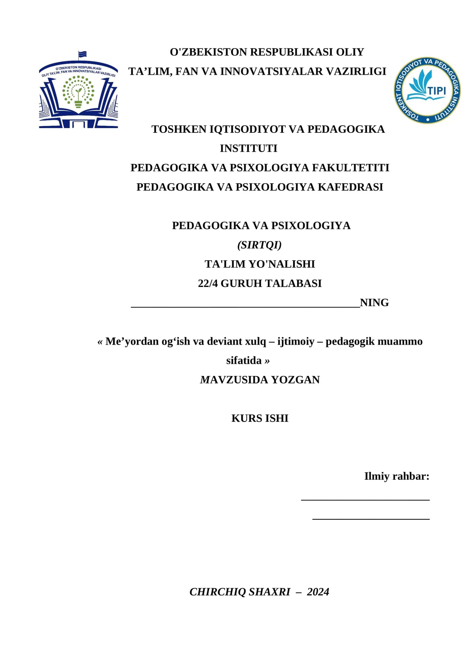 Me’yordan og‘ish va deviant xulq – ijtimoiy – pedagogik muammo sifatida 1