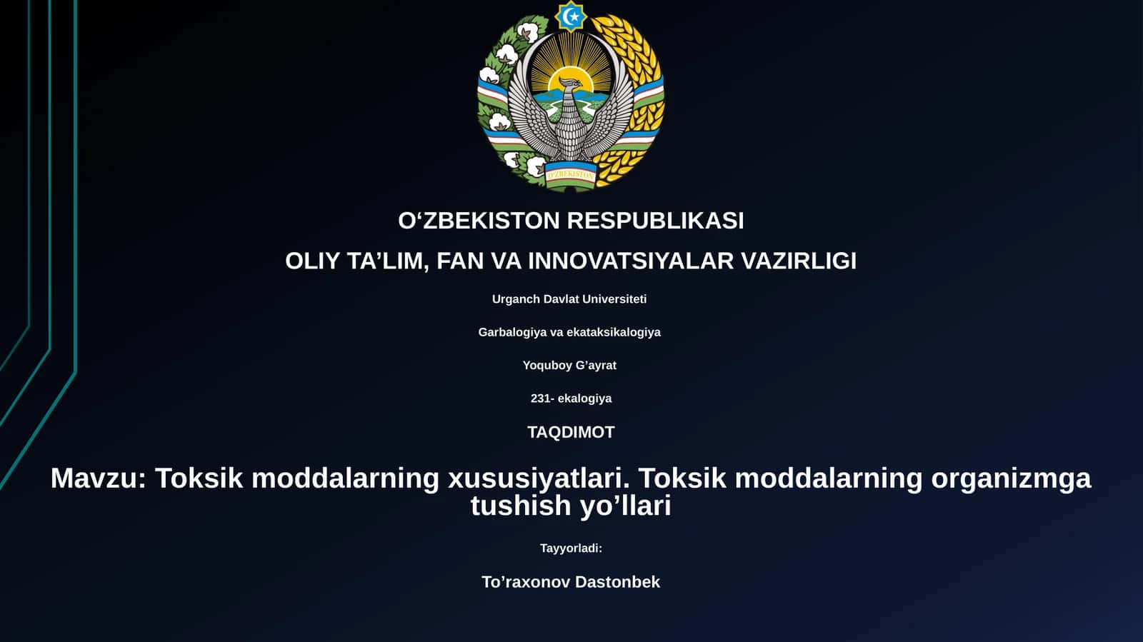 Toksik moddalarning xususiyatlari. Toksik moddalarning organizmga tushish yo’llari 1