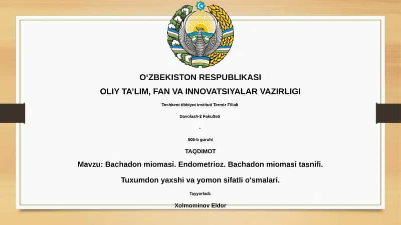 Bachadon miomasi. Endometrioz. Bachadon miomasi tasnifi. 1