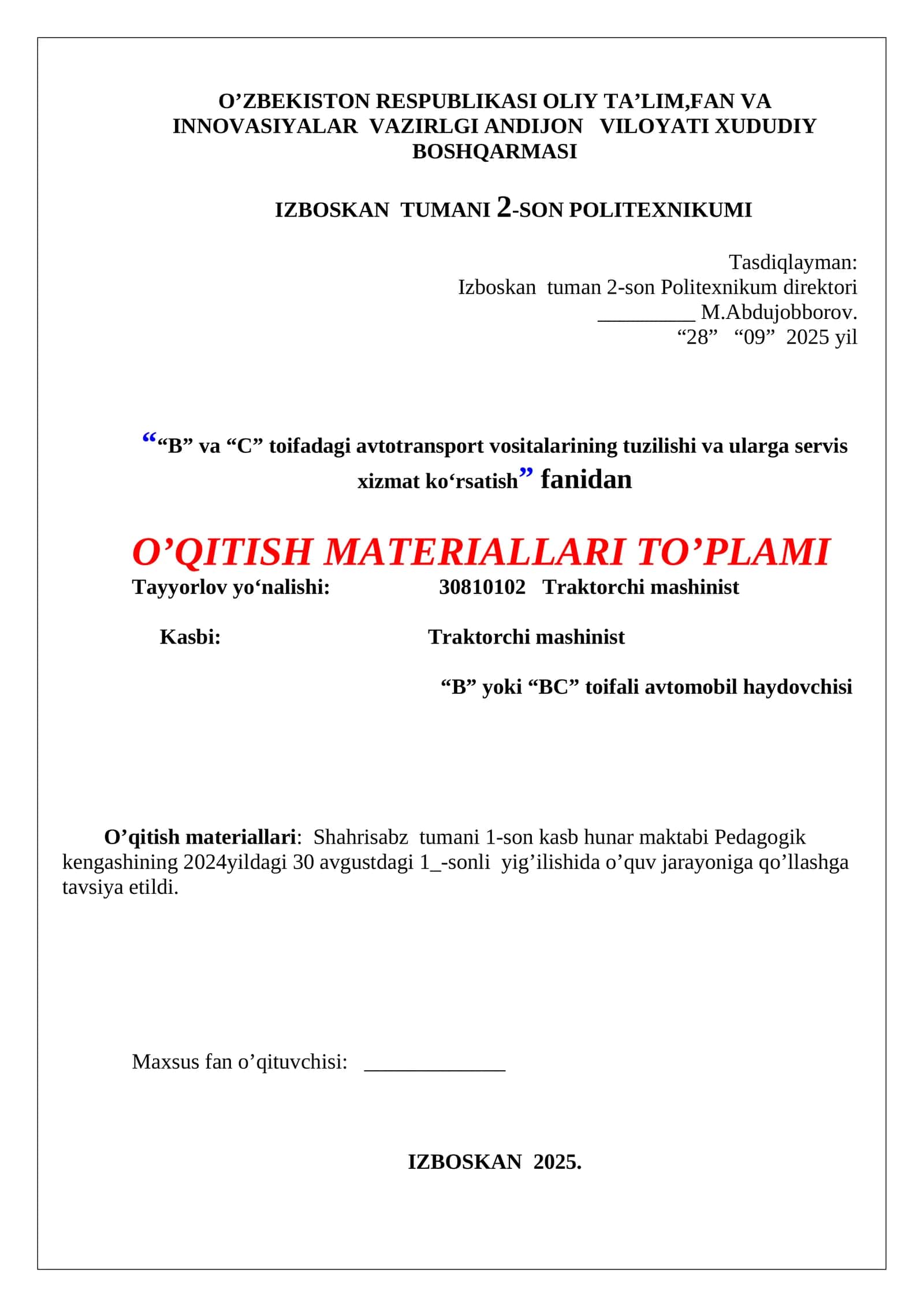 “B” va “C” toifadagi avtotransport vositalarining tuzilishi va ularga servis xizmat ko‘rsatish 1