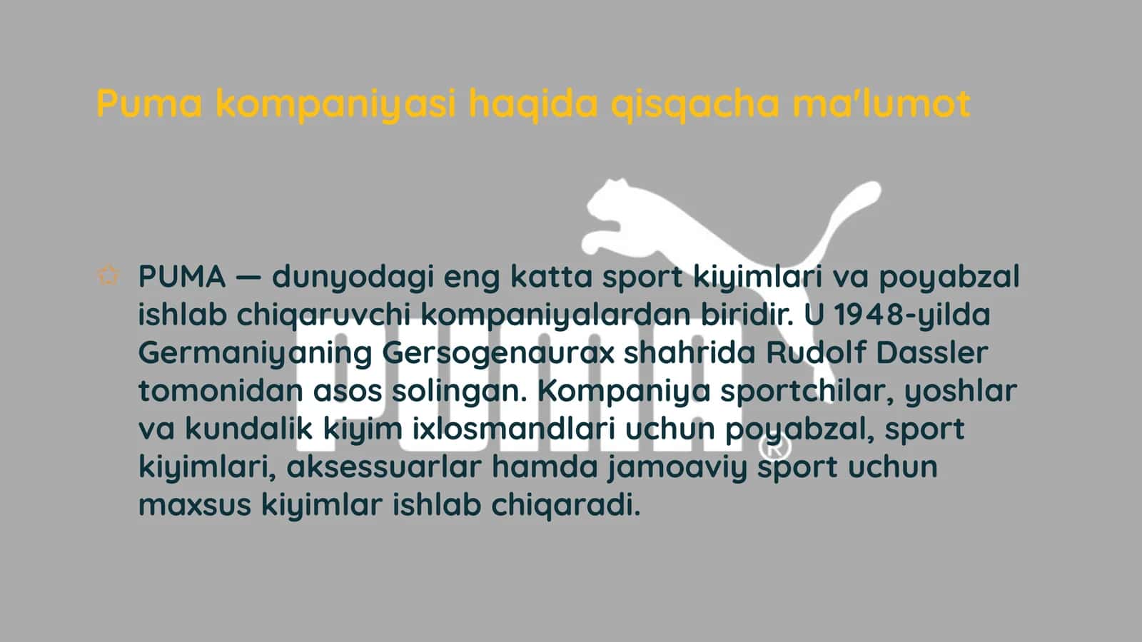 Puma kompaniyasi haqida qisqacha ma'lumot 1