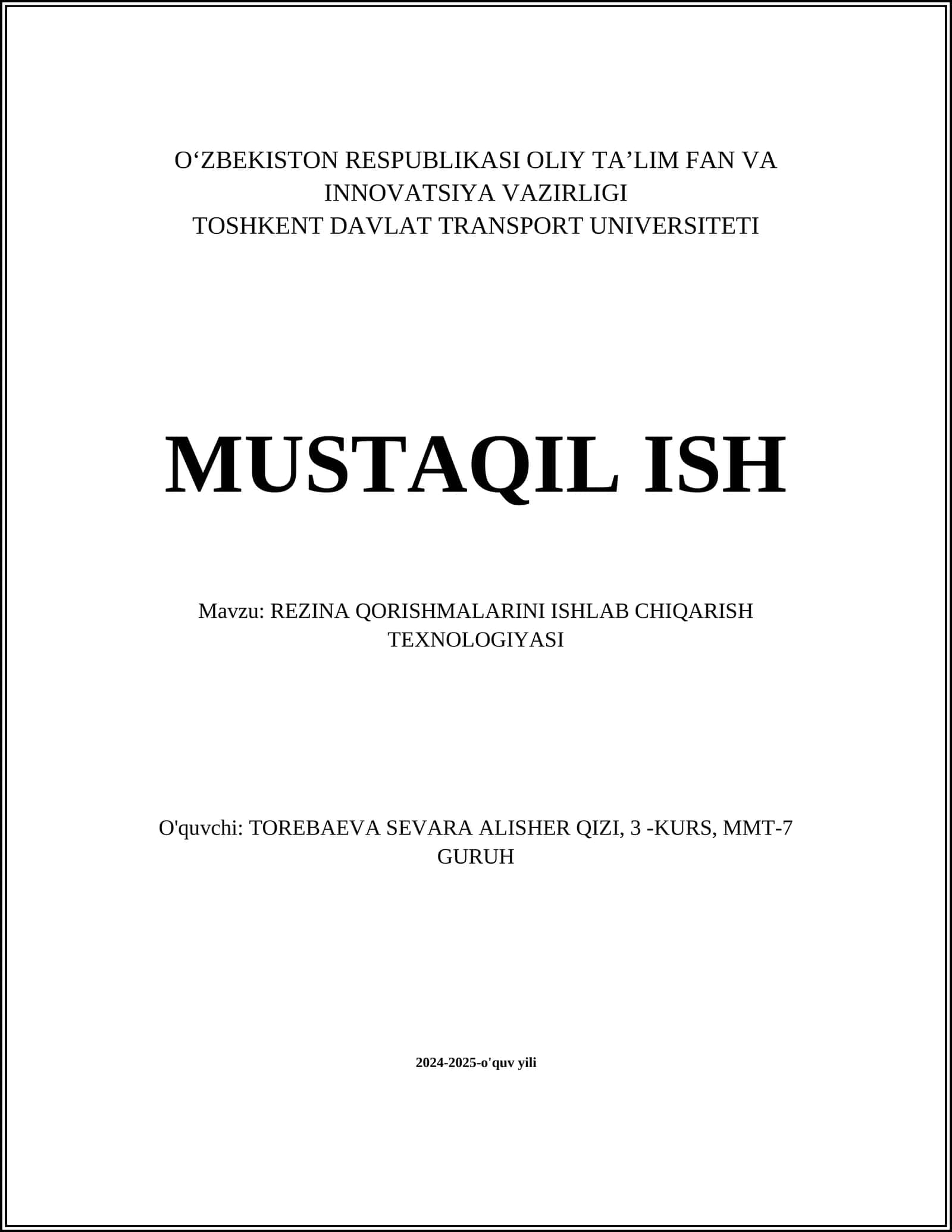 REZINA QORISHMALARINI ISHLAB CHIQARISH TEXNOLOGIYASI 1