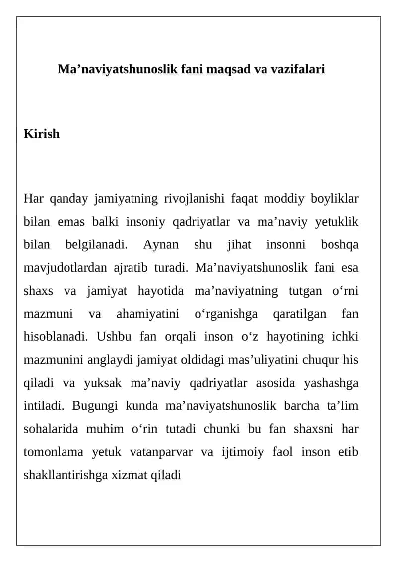 Ma’naviyatshunoslik fani maqsad va vazifalari 1