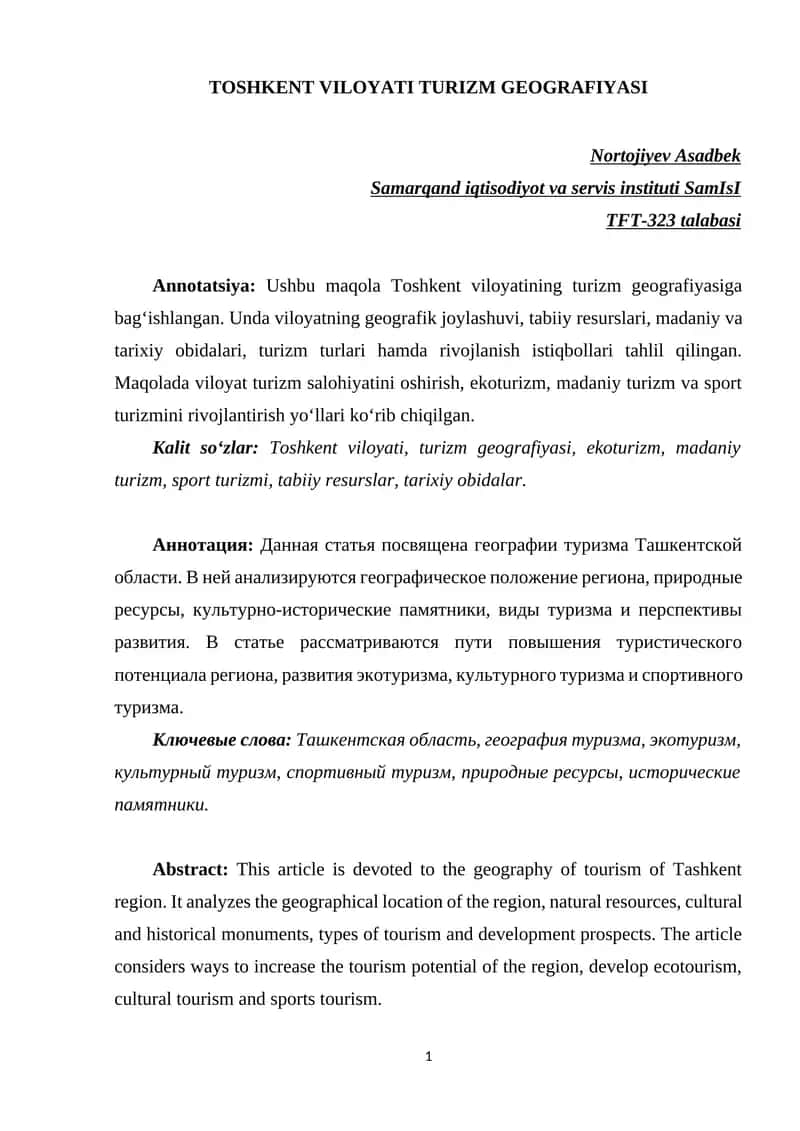 Toshkent Viloyati Turizm Geografiyasi 1