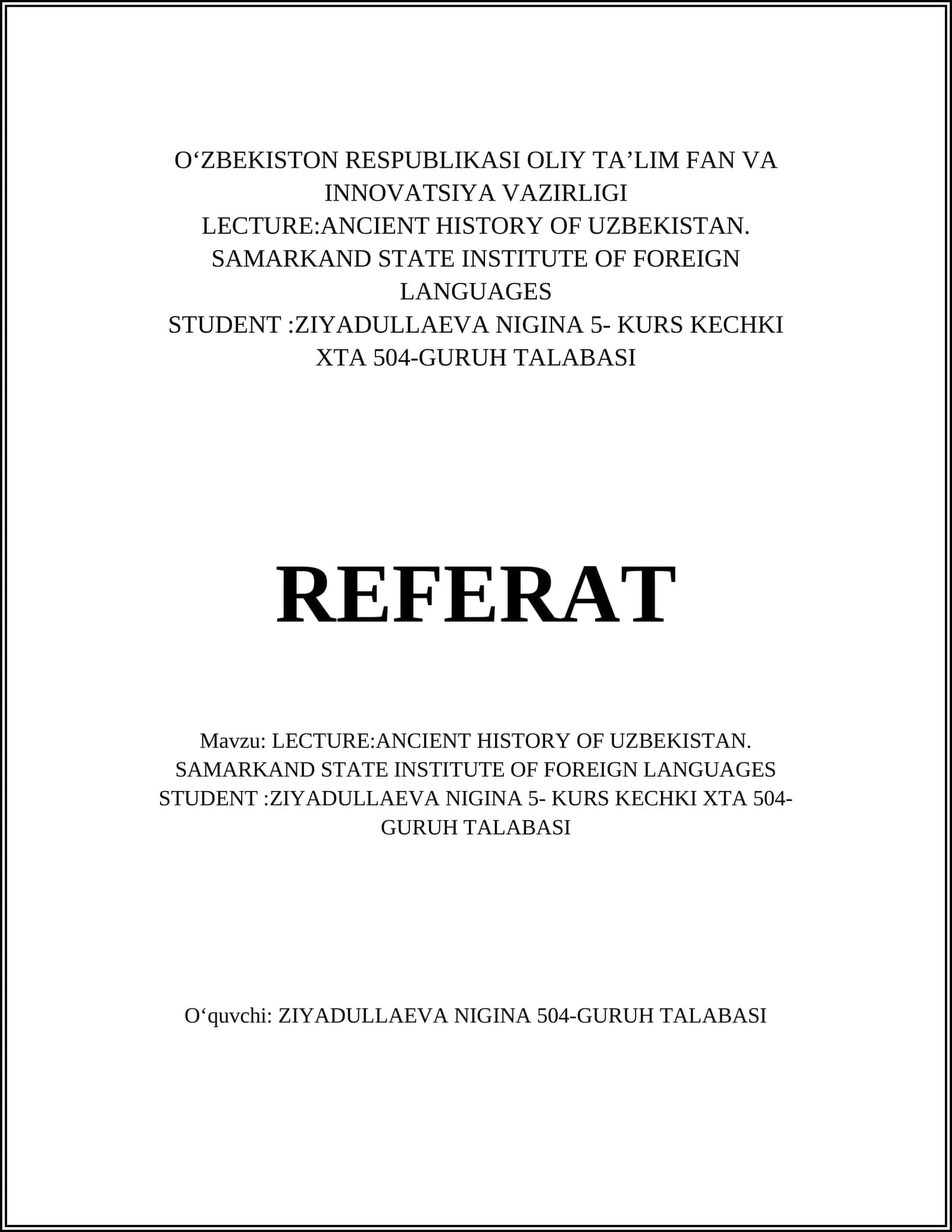 LECTURE:ANCIENT HISTORY OF UZBEKISTAN 1