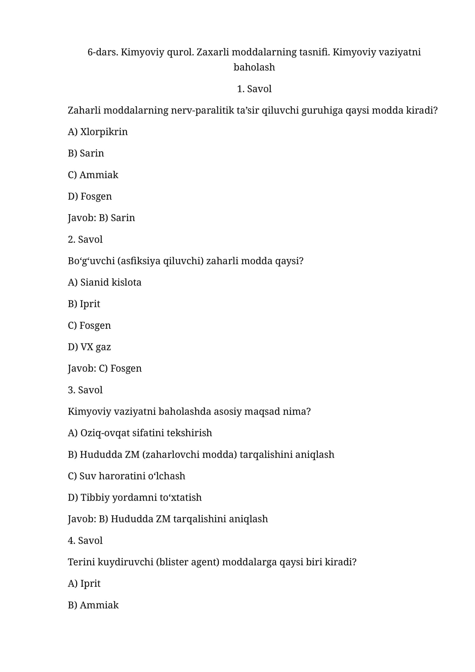 Kimyoviy qurol. Zaxarli moddalarning tasnifi. Kimyoviy vaziyatni baholash 1
