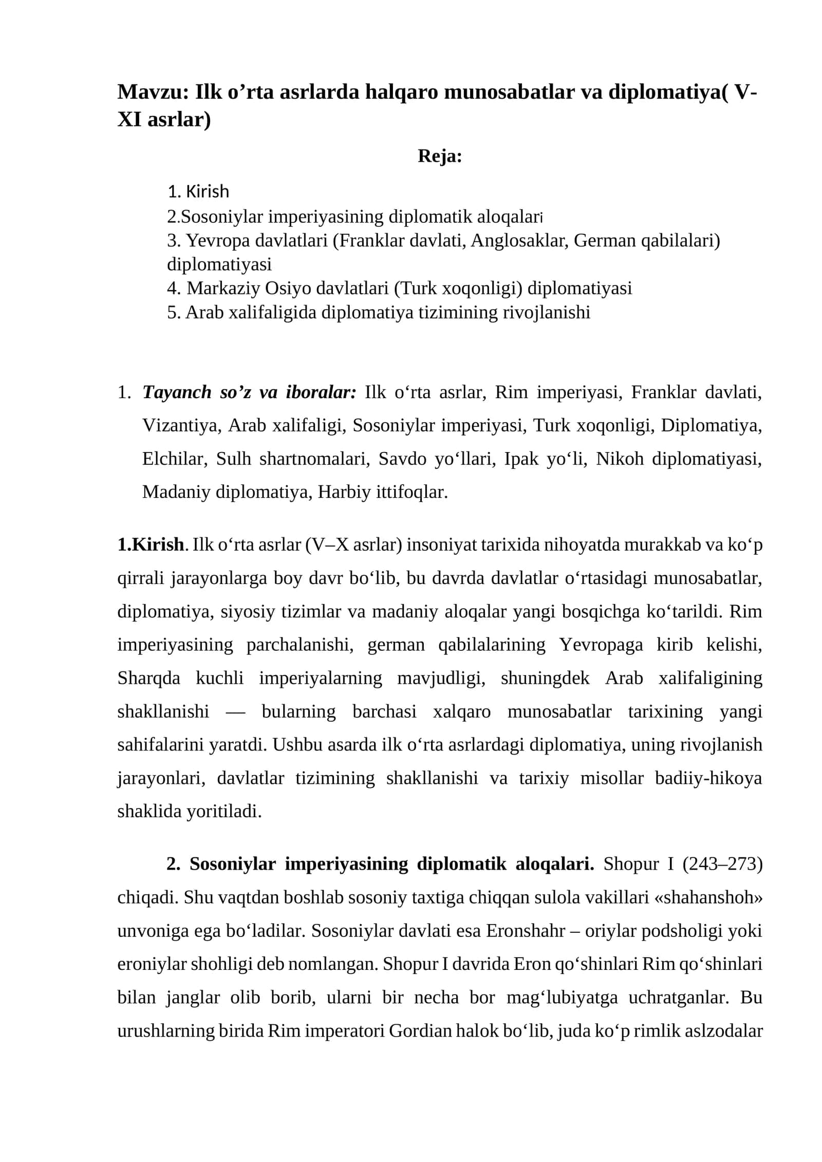 Ilk o’rta asrlarda halqaro munosabatlar va diplomatiya (V-XI asrlar) 1