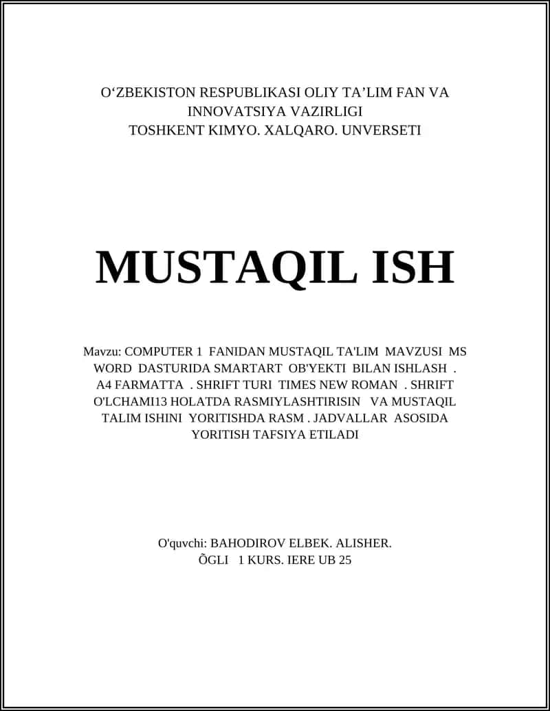 COMPUTER 1 FANIDAN MUSTAQIL TA'LIM MAVZUSI MS WORD DASTURIDA SMARTART OB'YEKTI BILAN ISHLASH 1