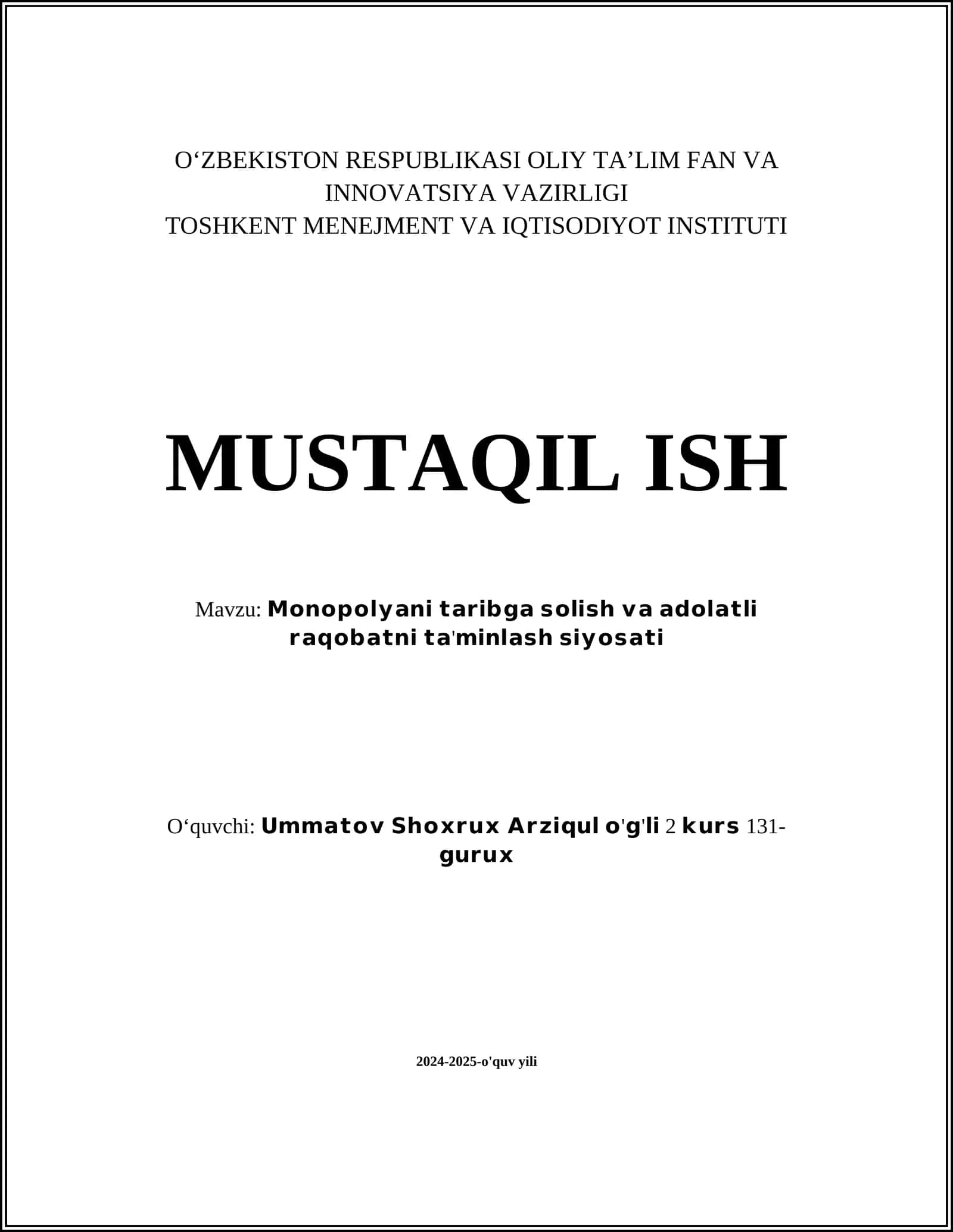 Monopoliya taribgarda solis va adolatli raqobatni ta`minlash strategiyalari 1