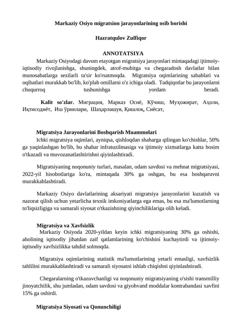 Markaziy Osiyo migratsion jarayonlarining osib borishi 1