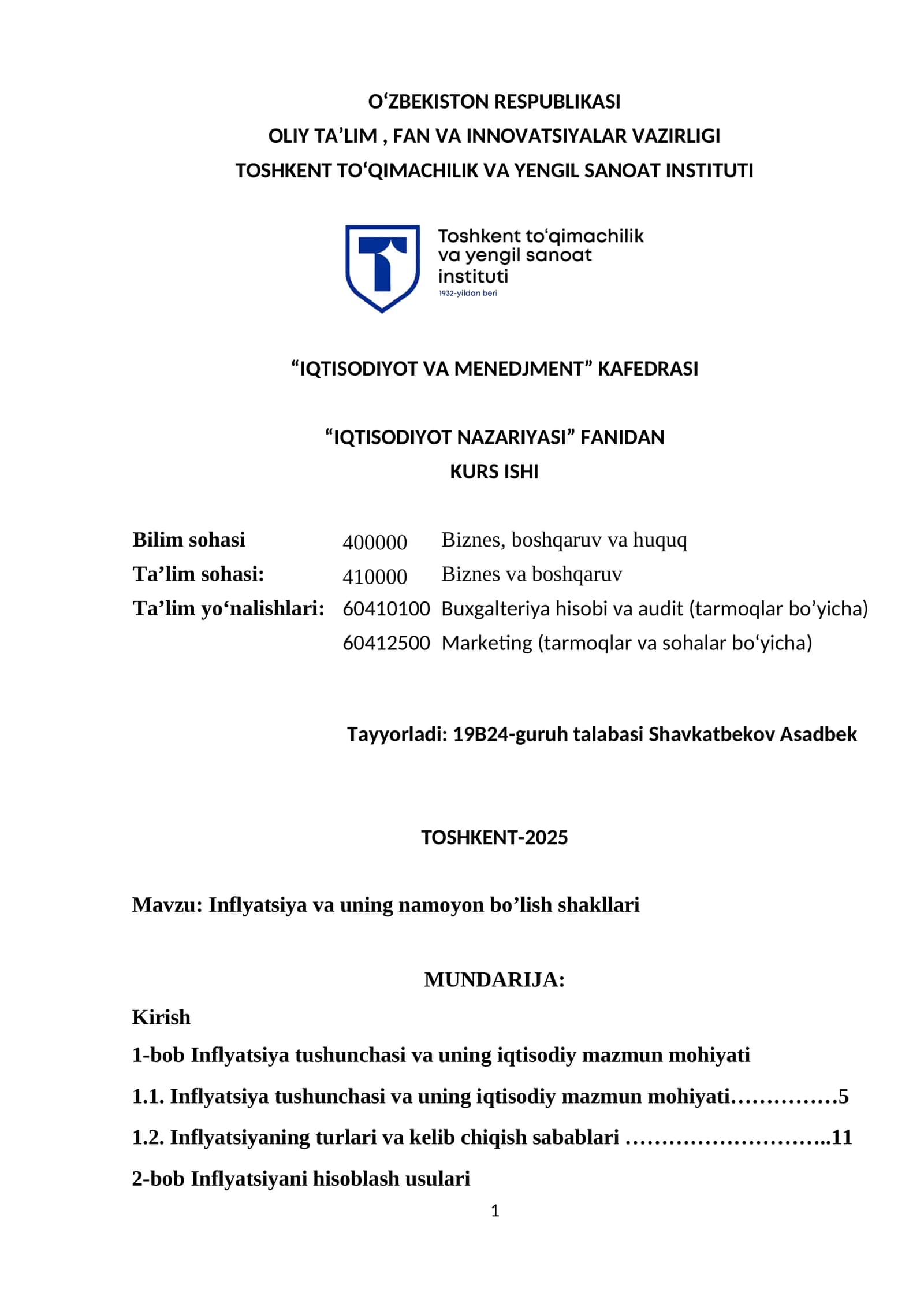 Inflyatsiya va uning namoyon bo’lish shakllari 1