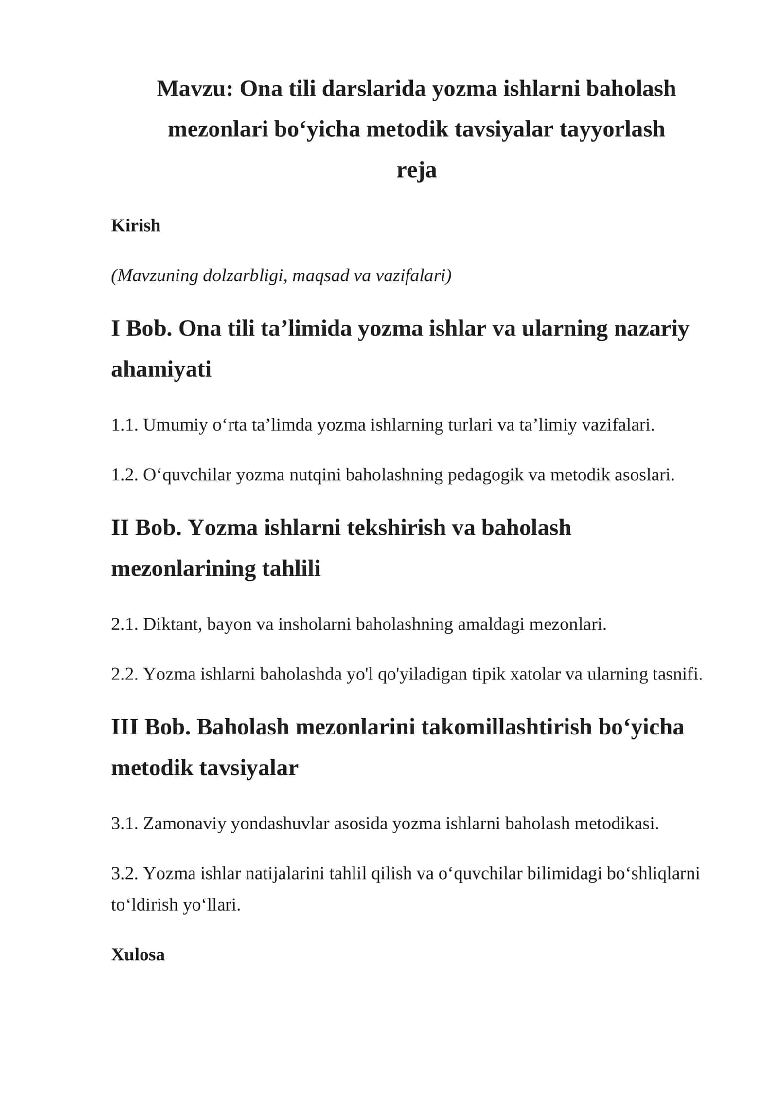 Ona tili darslarida yozma ishlarni baholash mezonlari bo‘yicha metodik tavsiyalar tayyorlash 1