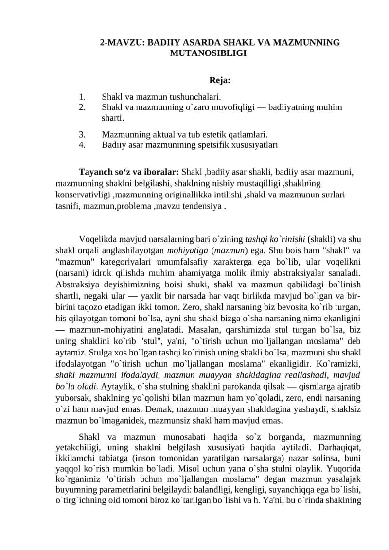 BADIIY ASARDA SHAKL VA MAZMUNNING MUTANOSIBLIGI 1