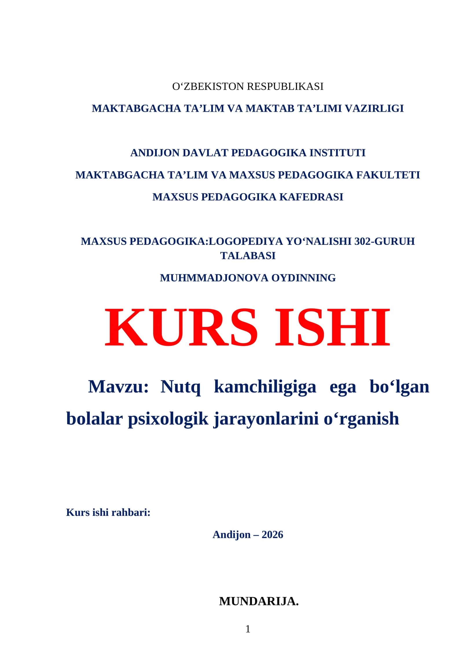 Nutq kamchiligiga ega bo‘lgan bolalar psixologik jarayonlarini o‘rganish 1
