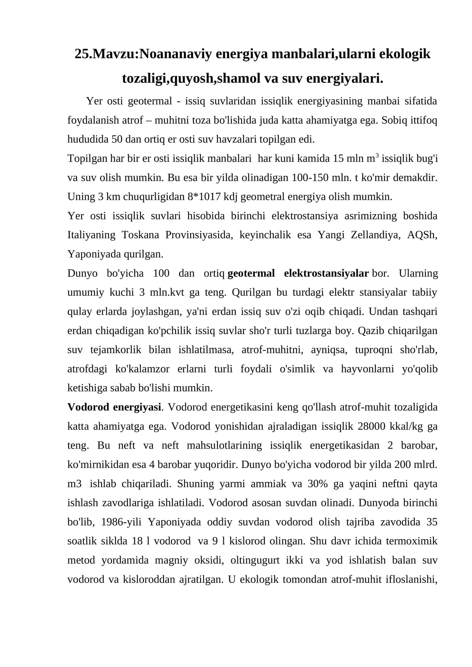 Noananaviy energiya manbalari,ularni ekologik tozaligi,quyosh,shamol va suv energiyalari 1