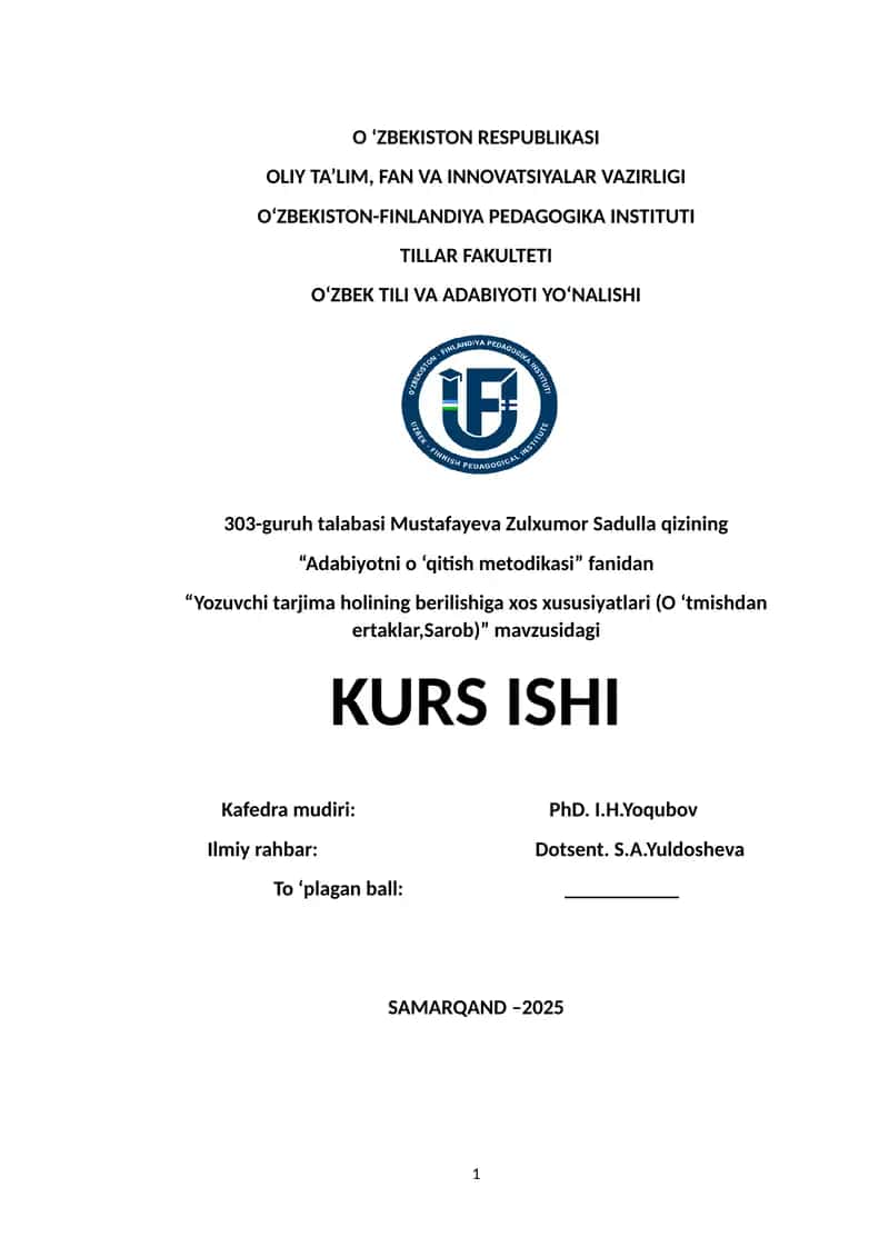 "Yozuvchi tarjima holining berilishiga xos xususiyatlari (O ‘tmishdan ertaklar,Sarob)" 1