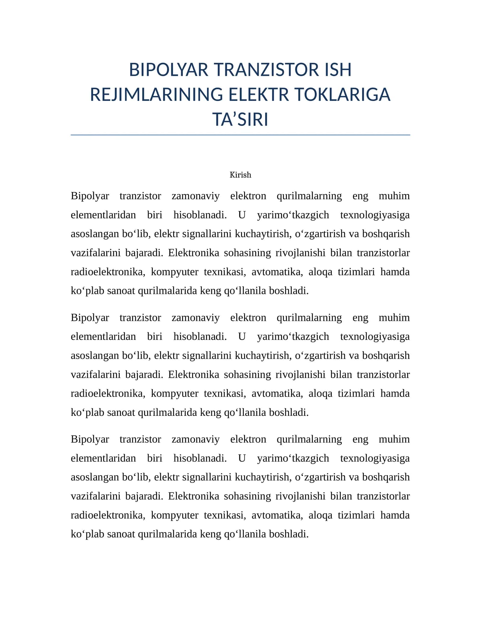Bipolyar tranzistor ish rejimlarining elektr toklariga ta’siri 1