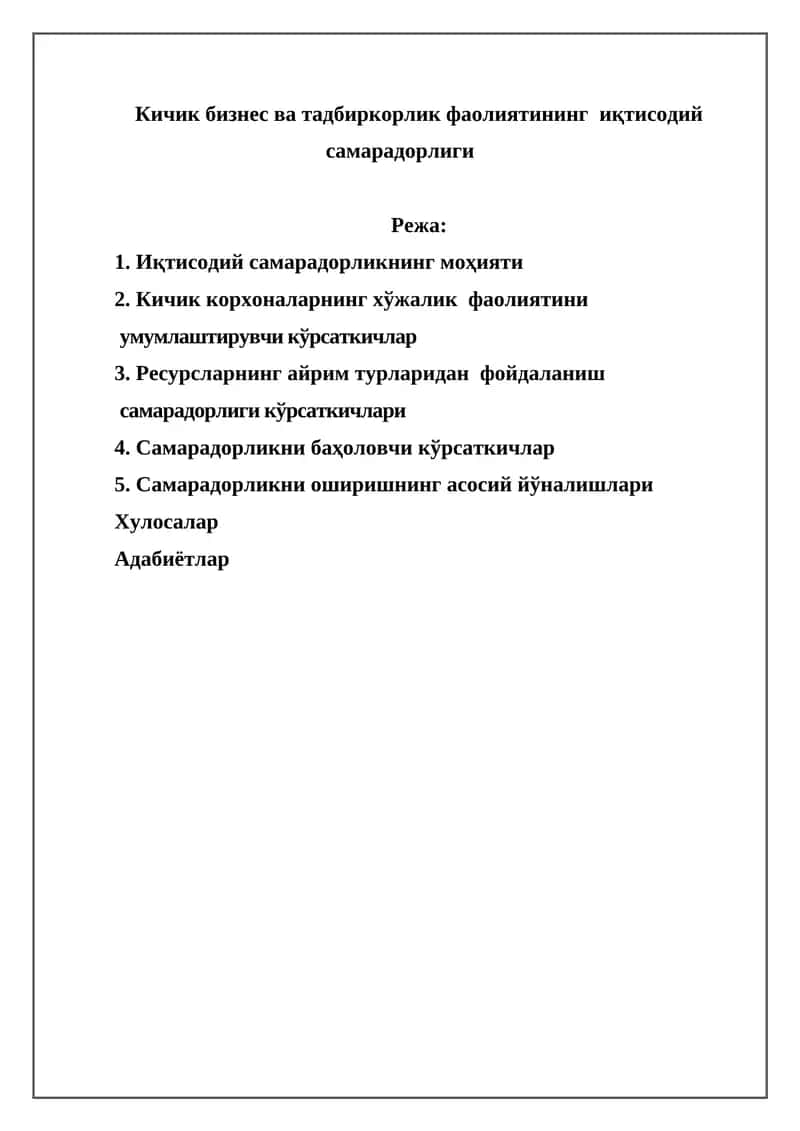 Кичик бизнес ва тадбиркорлик фаолиятининг иқтисодий самарадорлиги 1