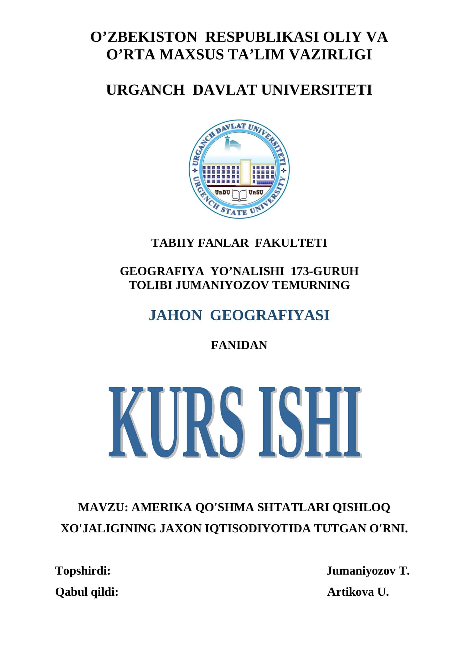 AMERIKA QO'SHMA SHTATLARI QISHLOQ XO'JALIGINING JAXON IQTISODIYOTIDA TUTGAN O'RNI 1