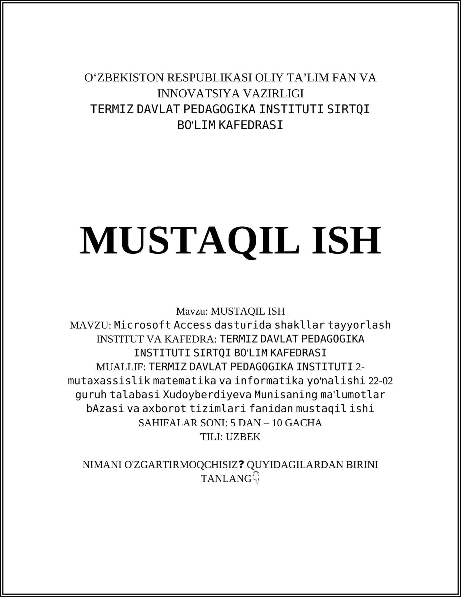 Microsoft Access dasturida ma'lumotlar bazasini yaratish 1