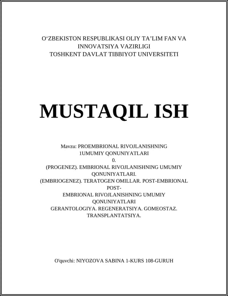 PROEMBRIONAL RIVOJLANISHNING UMUMIY QONUNIYATLARI 1