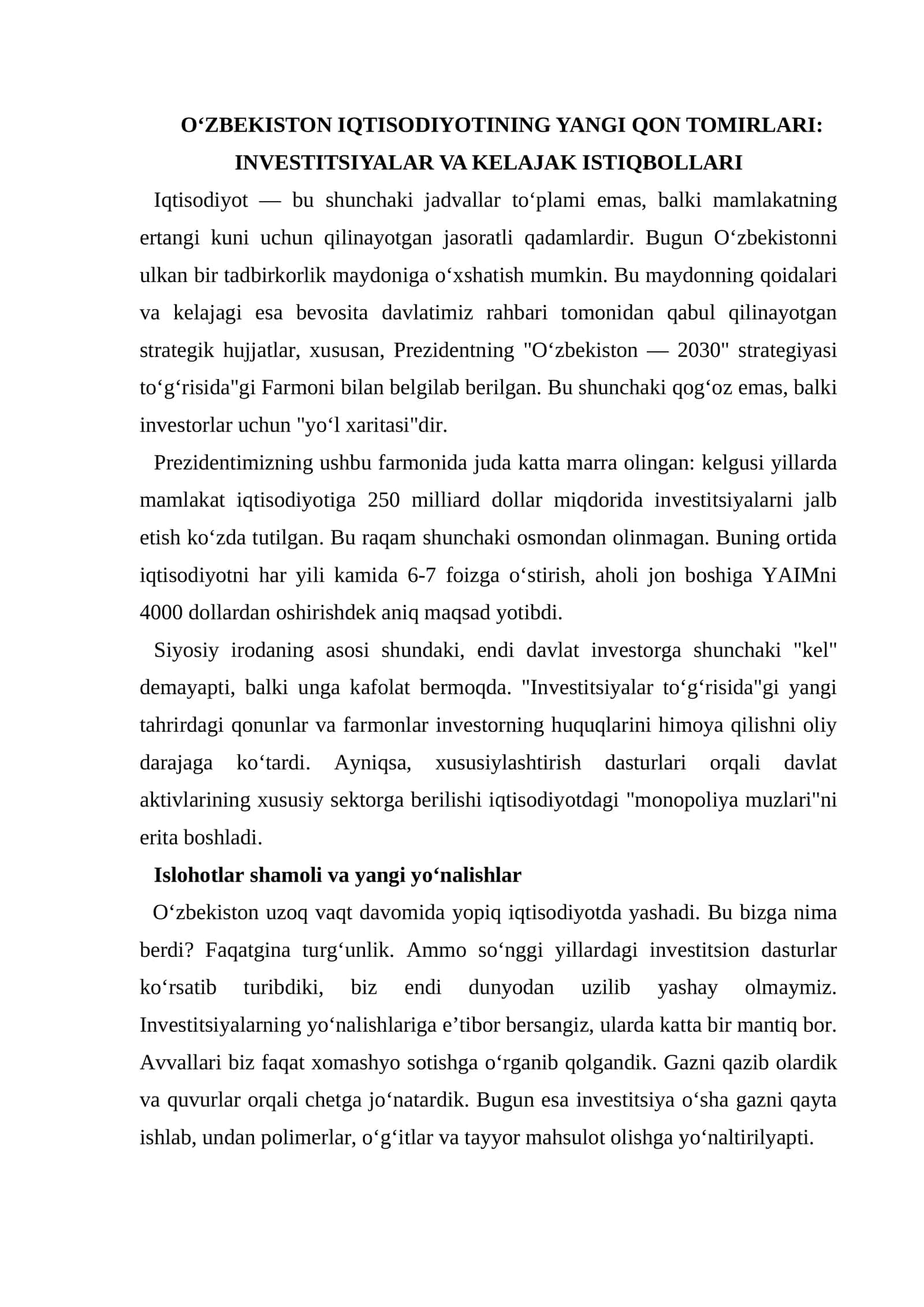 O‘zbekiston iqtisodiyotining yangi qon tomirlari: Investitsiyalar va kelajak istiqbollari 1