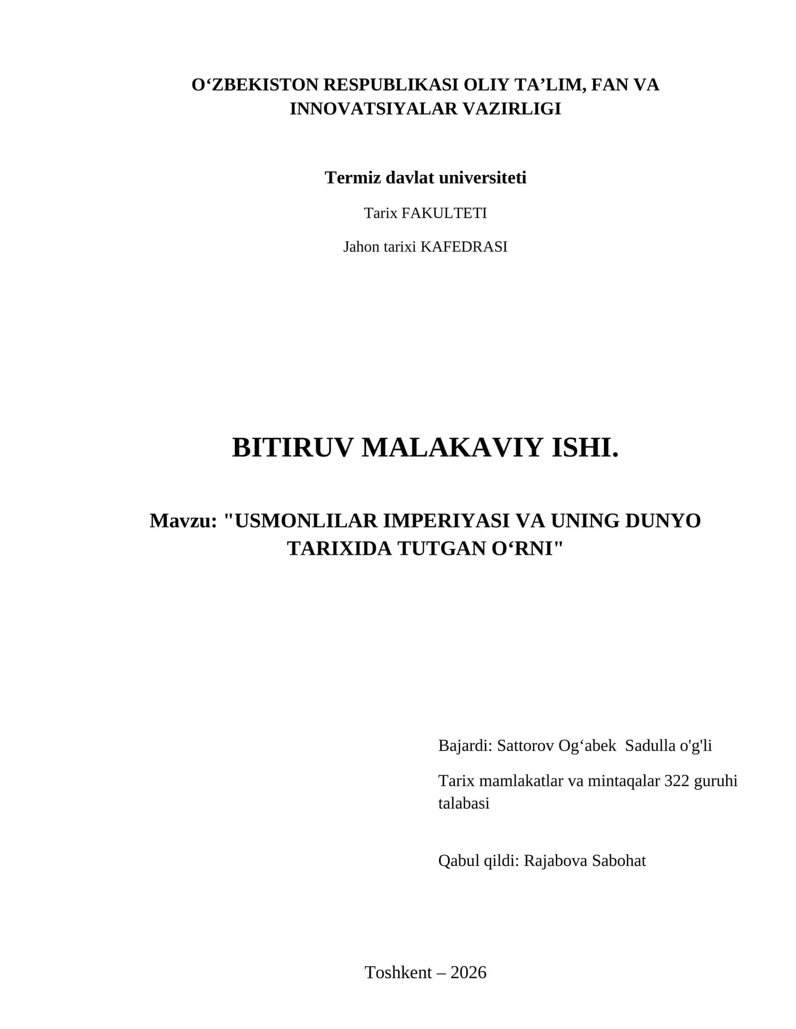 Usmonlilar imperiyasi va uning dunyo tarixida tutgan oʻrni 1