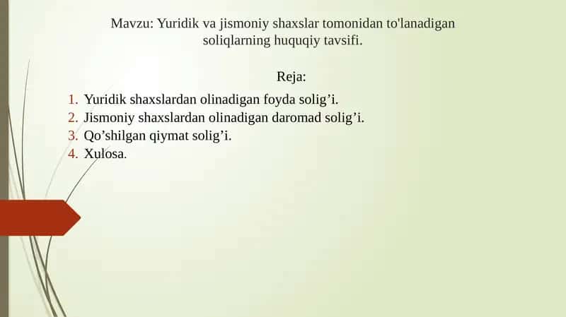 Yuridik va jismoniy shaxslar tomonidan to'lanadigan soliqlarning huquqiy tavsifi. 1