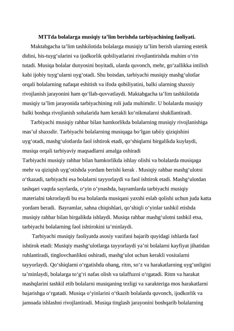 MTTda bolalarga musiqiy ta’lim berishda tarbiyachining faoliyati. 1