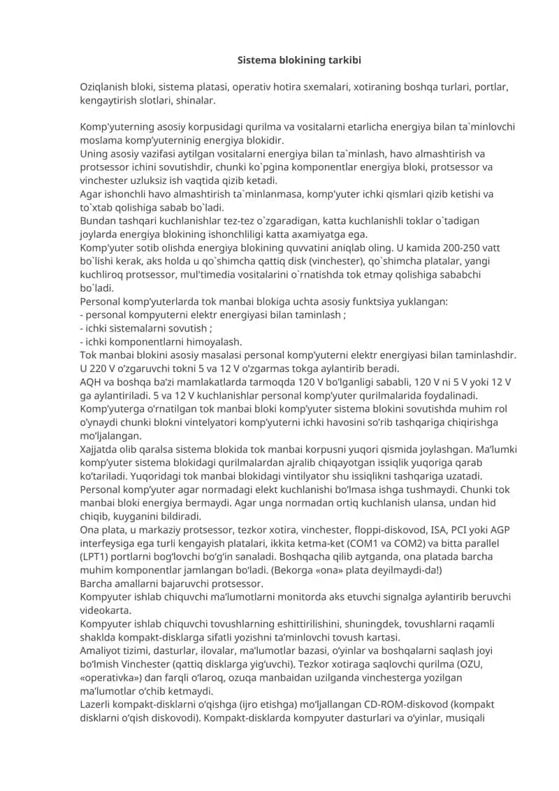 Sistema blokining tarkibi 1