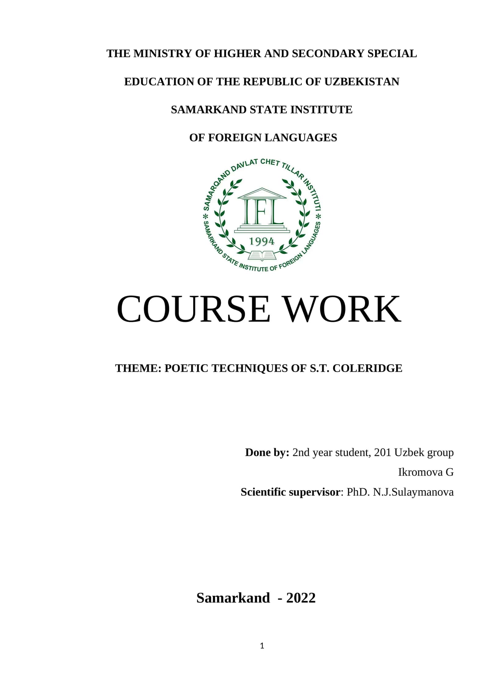 COURSE WORK: POETIC TECHNIQUES OF S.T. COLERIDGE 1